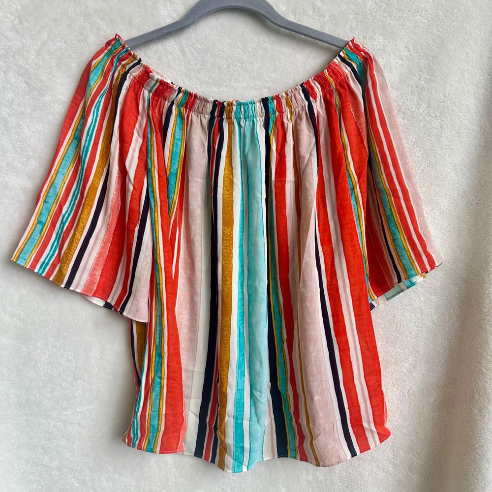 Mossimo Striped Off Shoulder Boho Blouse M Coral Teal Flutter Sleeve Festival